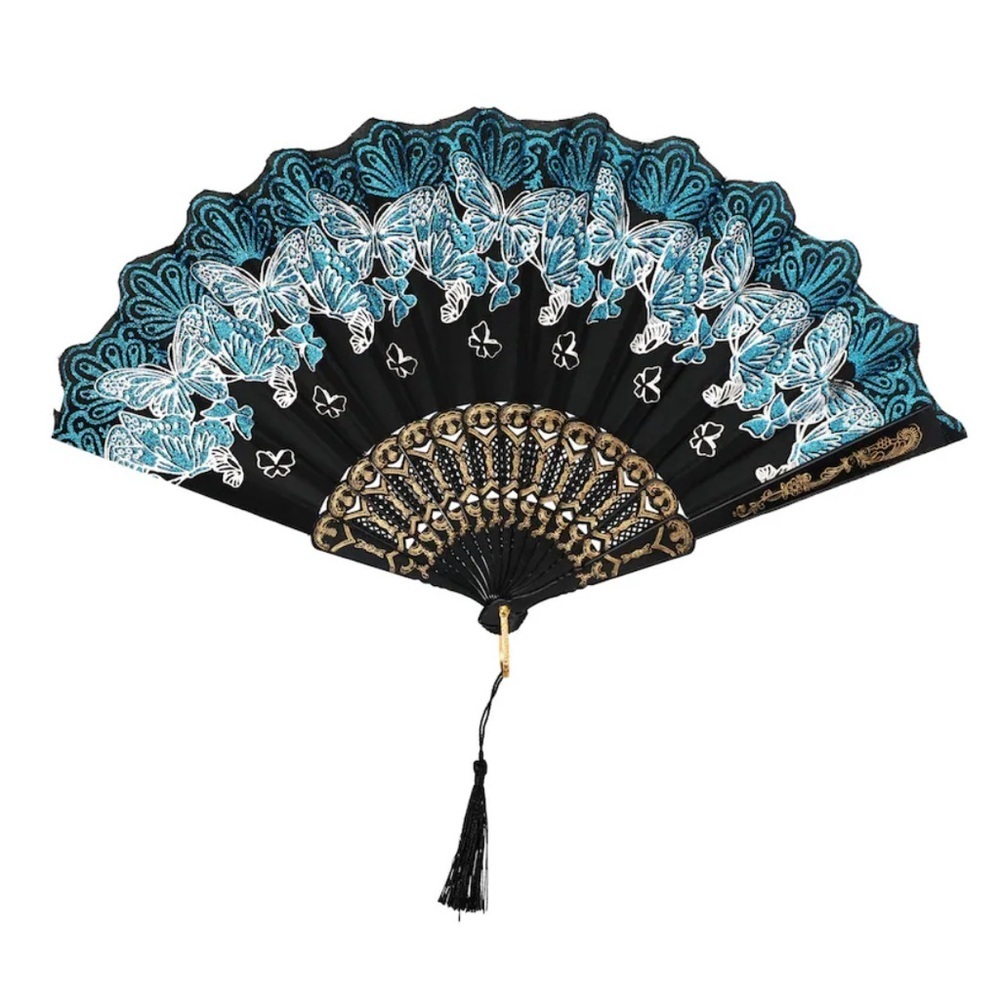 ✨NEW Elegant Black and Blue Glitter Lace Hand Fan 🪭 9” - Picture 3 of 4